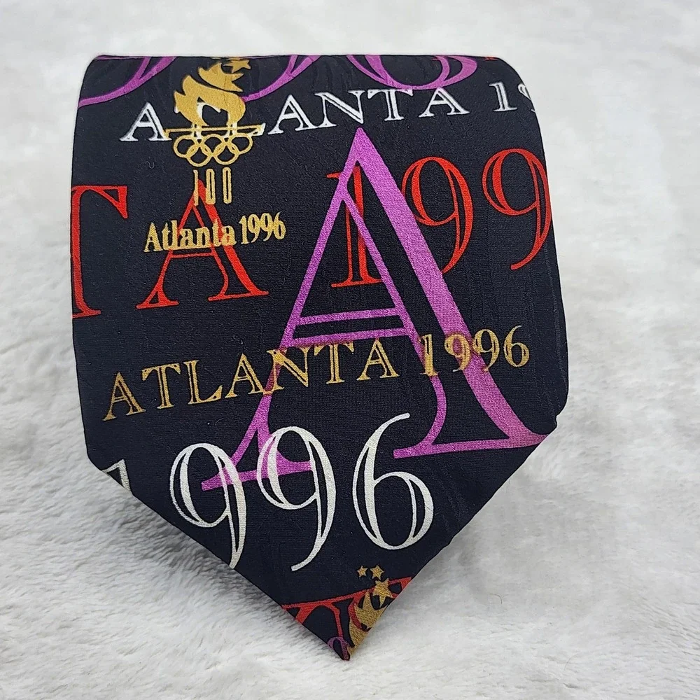 Vintage Olympics Tie  Atlanta 1996 Mens One Size Black Silk Necktie 90s USA Made